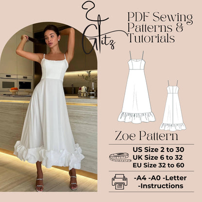Zoe Floence Midi Bridal Dress Pattern Easy Wedding Midi Dress Sewing Pattern Cocktail Dress Pattern Summer Dress Circular Skirt Pattern