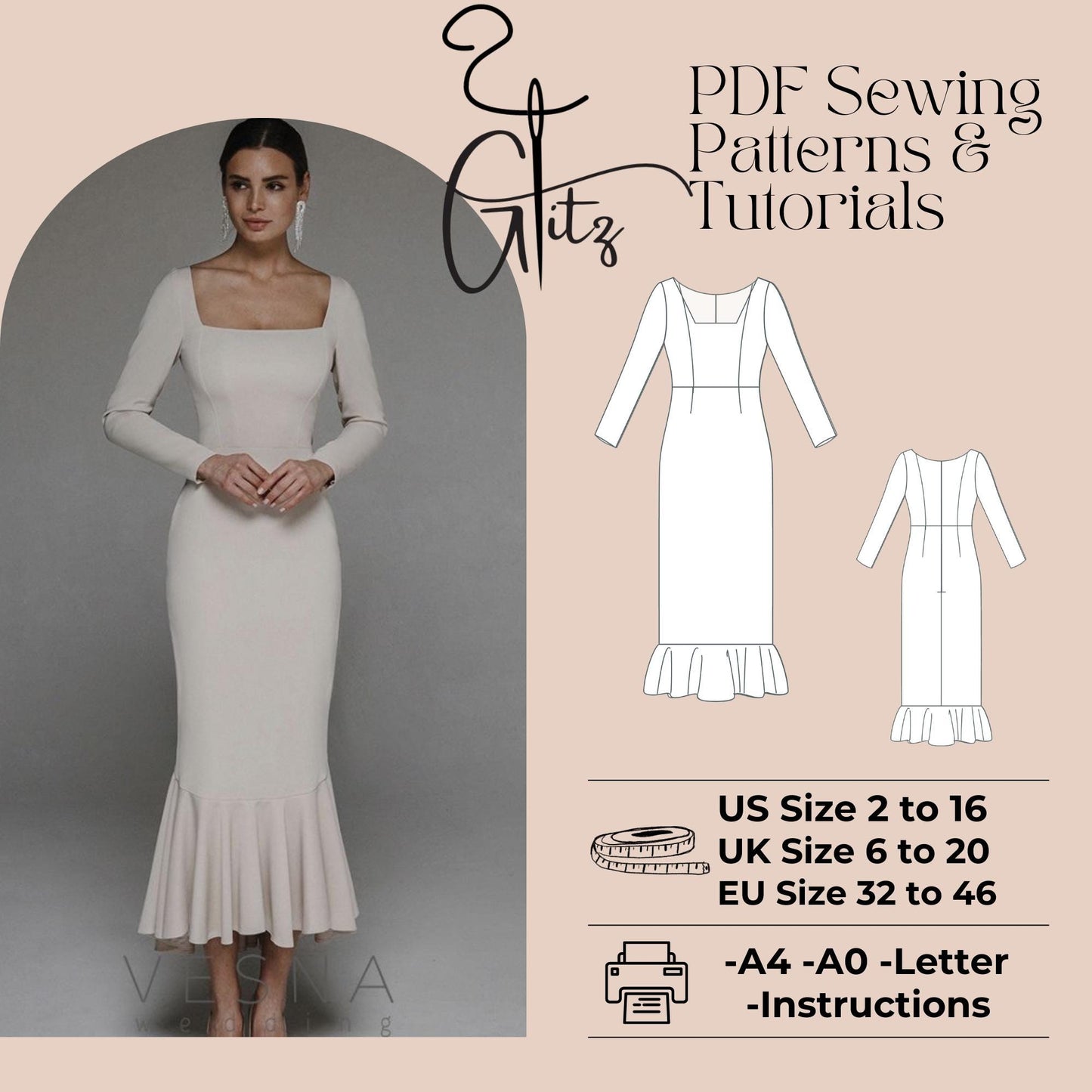 Long Sleeve Flounce Skirt Evening Dress Sewing Pattern Pencil Cocktail Dress Pattern Women Dress Pattern