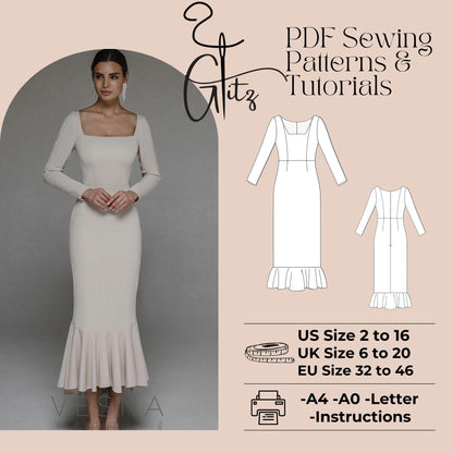 Long Sleeve Flounce Skirt Evening Dress Sewing Pattern Pencil Cocktail Dress Pattern Women Dress Pattern