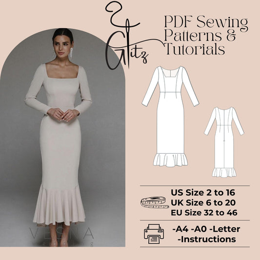 Long Sleeve Flounce Skirt Evening Dress Sewing Pattern Pencil Cocktail Dress Pattern Women Dress Pattern
