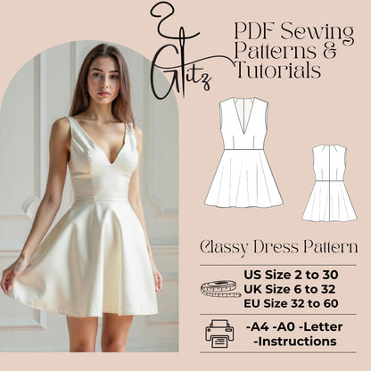 Classic V Neck Flare Dress Sewing Pattern Mini Prom Dress Digital Pattern PDF US 2 to 30 size Mini Wedding Dress