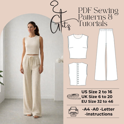 Bohemian Set,Button Linen Top,Elastic Waistband Pants, Top And Pant Set Digital Sewing Pattern,Linen Summer Set,Digital PDF Sewing Pattern