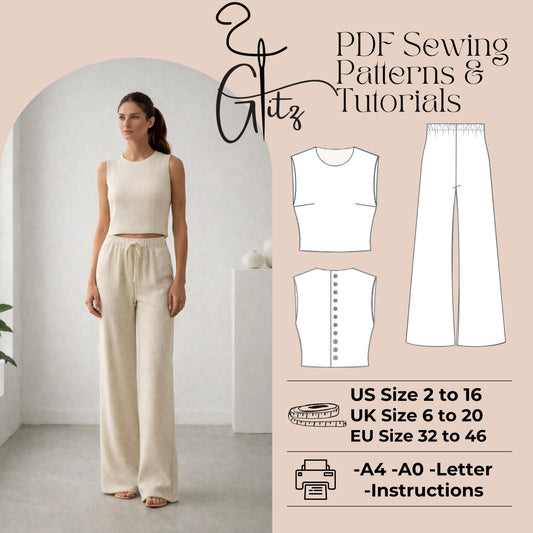 Bohemian Set,Button Linen Top,Elastic Waistband Pants, Top And Pant Set Digital Sewing Pattern,Linen Summer Set,Digital PDF Sewing Pattern