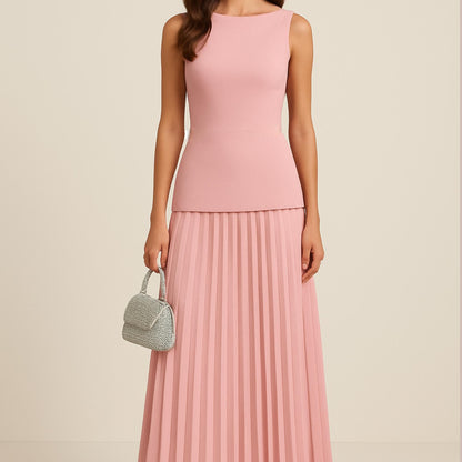 Elegant Two Piece Outfit | Boat Neck Top and Pleated Skirt Set Sewing Pattern | Sleeveless Blouse & Maxi Skirt | Minimalist Summer Set