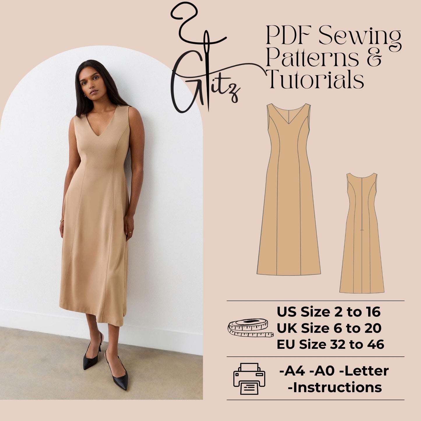 Long Summer Dresses Sewing Pattern V Neck Sleeveless Cocktail Evening Dress Pattern
