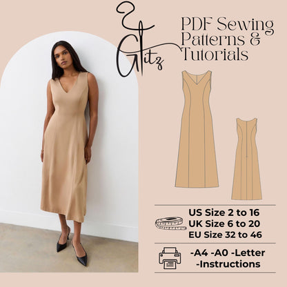 Long Summer Dresses Sewing Pattern V Neck Sleeveless Cocktail Evening Dress Pattern