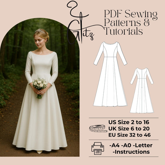 Long Sleeve Boat Neck Wedding Dress Sewing Pattern Bridal Dress Pattern Ball Gown Bridal Gown Circle Dress