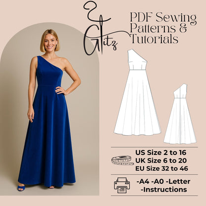 One Shoulder Prom Dress Sewing Pattern Bachelorette Dress Bridesmaid Dress Ball Gown Bridal Gown