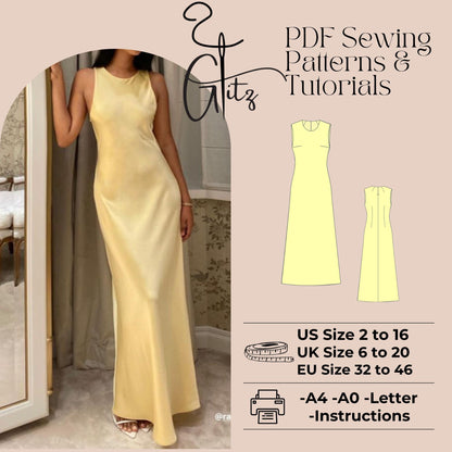 Satin Maxi Evening Dress Sewing Pattern PDF Digital Pattern Long Dress Easy Dress Pattern Beginner Friendly Simple Pattern US 2-30 size