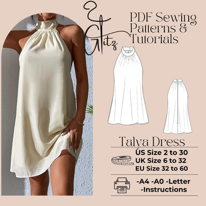 Talya Halter Neck Mini Dress Pattern, Bridal Gown Dress Pattern, Ball Gown Elegant Dress, PDF Digital Sewing Pattern