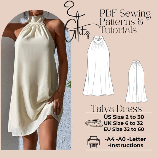 Talya Halter Neck Mini Dress Pattern, Bridal Gown Dress Pattern, Ball Gown Elegant Dress, PDF Digital Sewing Pattern