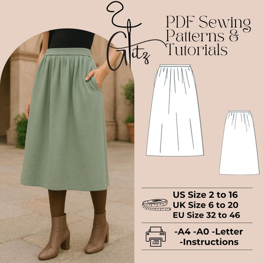 Women Midi Skirt Sewing Pattern Gathered Knit Skirt Pattern Easy Sewing Pattern