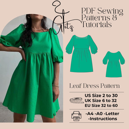 Mini Puff Sleeve Gathered Summer Dress Everyday Dress Sewing Pattern PDF Plus Size Pattern US 2-30 Size