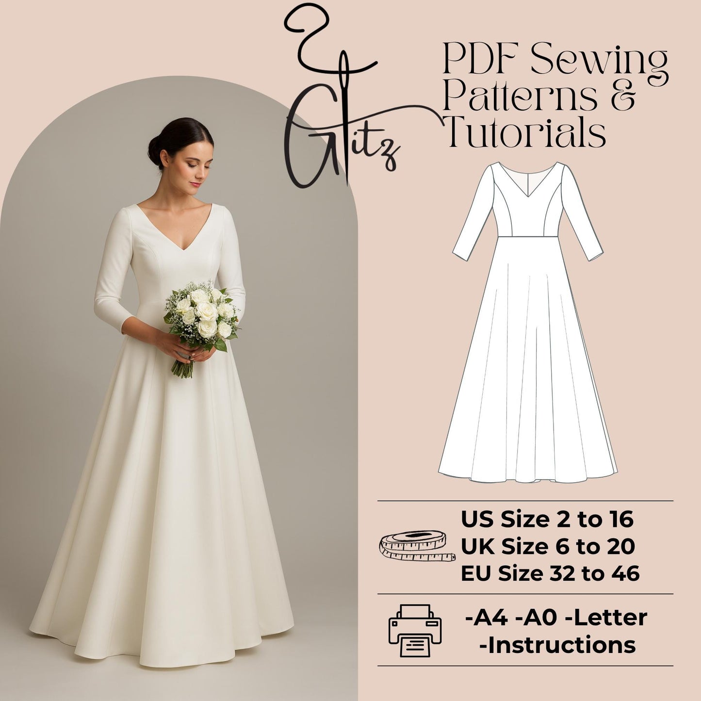 Wedding Dress Sewing Pattern Bridal Gown Sewing Pattern PDF Digital Pattern