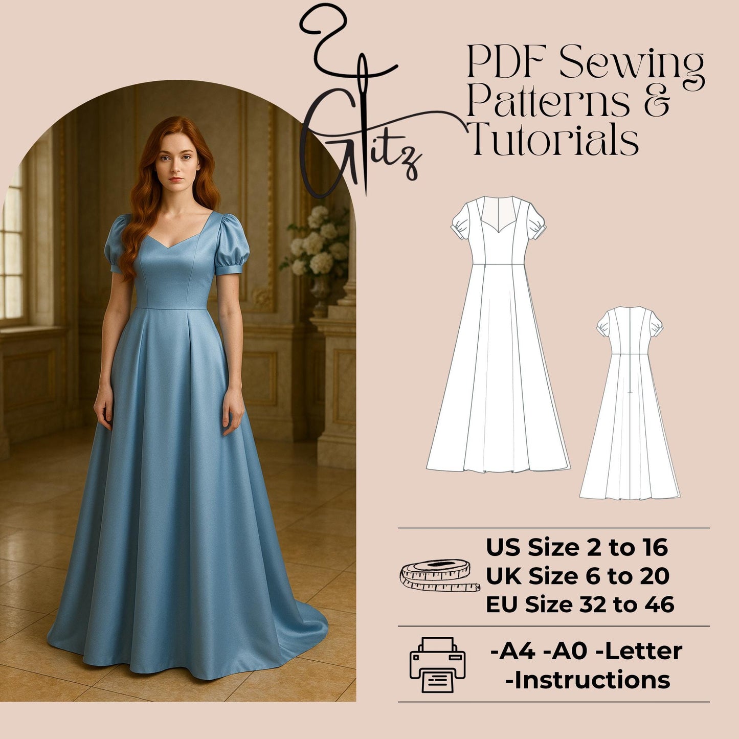 Puff Sleeve Maxi Prom Dress Sewing Pattern Sweetheart Neck Long Evening Dress Bridal Gown Ball Gown