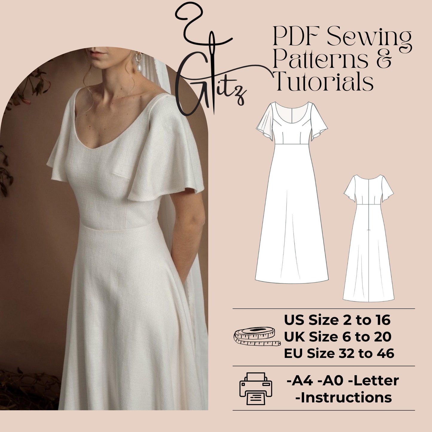 Minimalist Bridal Gown with Scoop Neck and Flutter Sleeves Boho Bridal Dress Easy Sewing Pattern