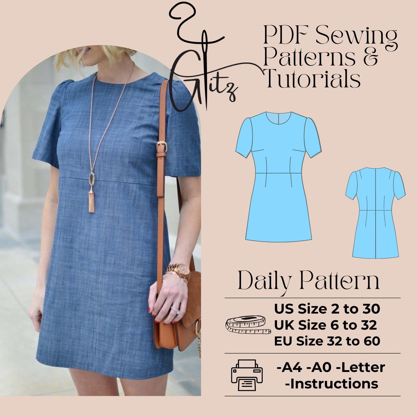 Daily Short Sleeve Mini Casual Basic Dress Digital Pattern PDF Digital Sewing Pattern