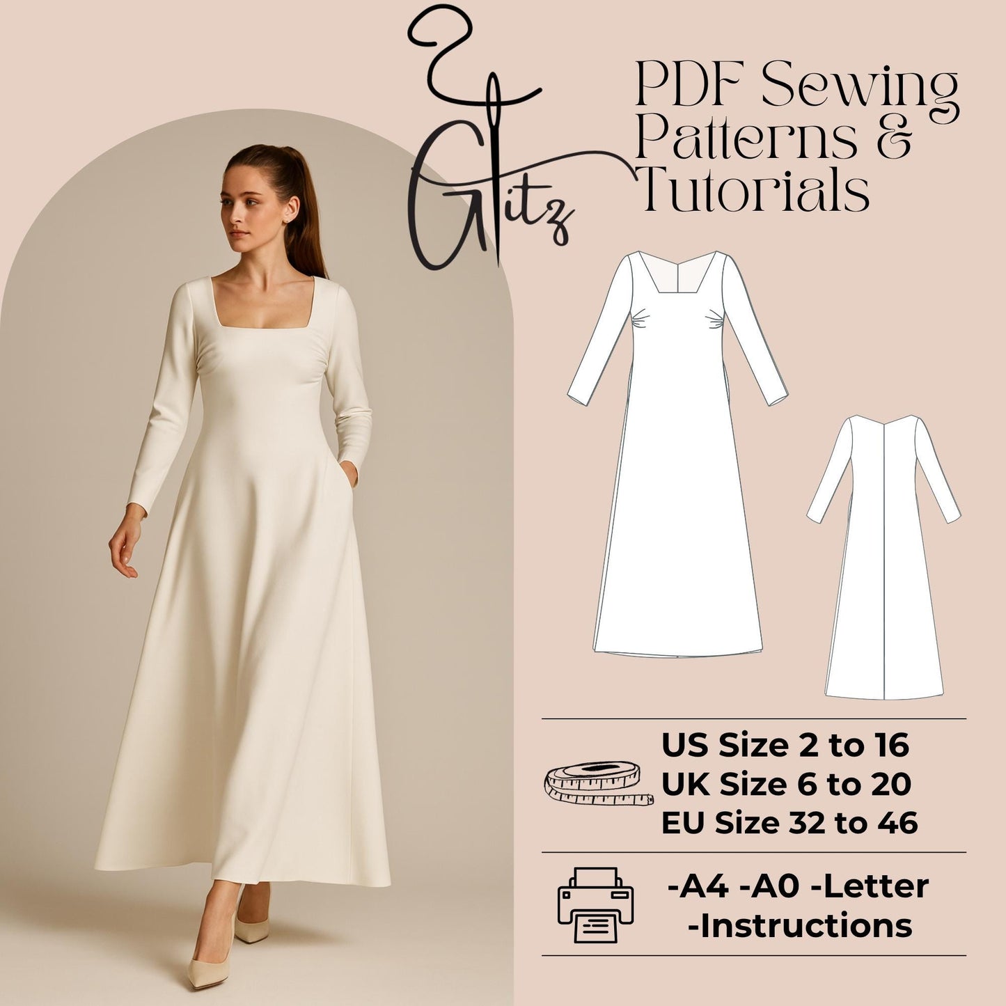 Long Evening Dress Sewing Pattern A Line Maxi Dress Pattern Square Neck Dress Easy Sewing Pattern