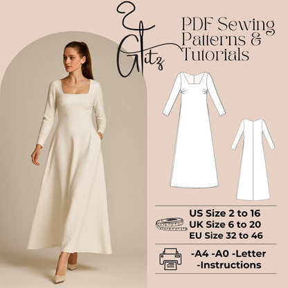 Long Evening Dress Sewing Pattern A Line Maxi Dress Pattern Square Neck Dress Easy Sewing Pattern