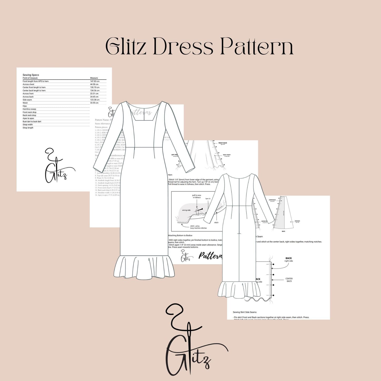 Long Sleeve Flounce Skirt Evening Dress Sewing Pattern Pencil Cocktail Dress Pattern Women Dress Pattern