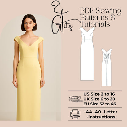 Off Shoulder V Neck Straight Evening Dress Sewing Pattern Midi Pencil Dress Back Tie Detail Dress Pattern