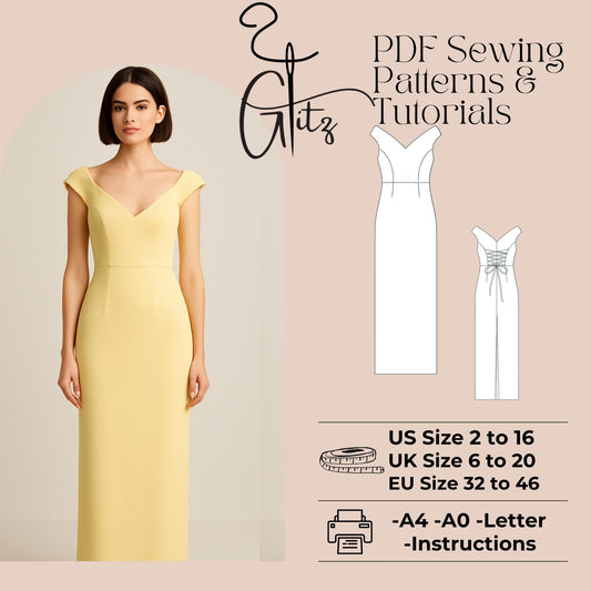 Off Shoulder V Neck Straight Evening Dress Sewing Pattern Midi Pencil Dress Back Tie Detail Dress Pattern