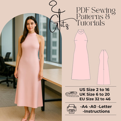 Rosie Halter Neck Midi Cocktail Dress Pattern PDF Digital Sewing Pattern