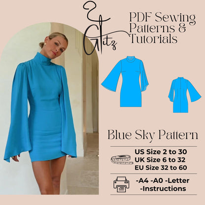 Flared Sleeve Mini Cocktail Dress Sewing Pattern PDF Digital Sewing Pattern