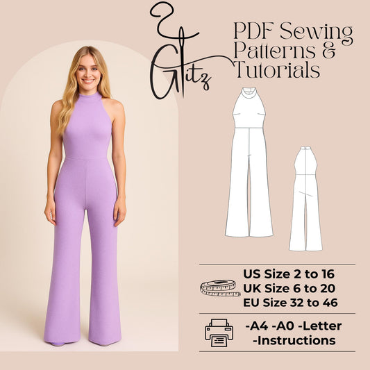 Halter Neck Jumpsuit Sewing Pattern Women's Knit One-Piece with Bust Darts & Invisible Zipper | Floor Length Sleeveless Romper