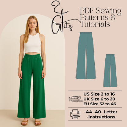 Long Wide Leg Summer Linen Pants Sewing Pattern Elastic Waist Trousers Digital Pattern Easy Pants Pattern High Waist Palazzo