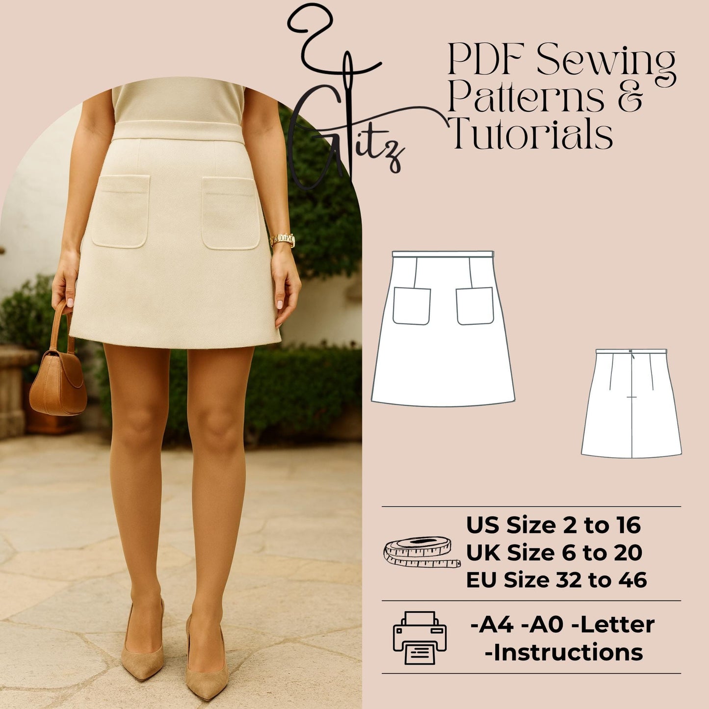A-Line Mini Skirt Sewing Pattern PDF | Patch Pockets  | Woven Fabric | Lined Skirt | A4 A0 Letter Print Files Easy Sewing Pattern