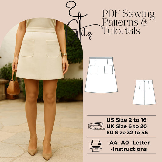 A-Line Mini Skirt Sewing Pattern PDF | Patch Pockets  | Woven Fabric | Lined Skirt | A4 A0 Letter Print Files Easy Sewing Pattern