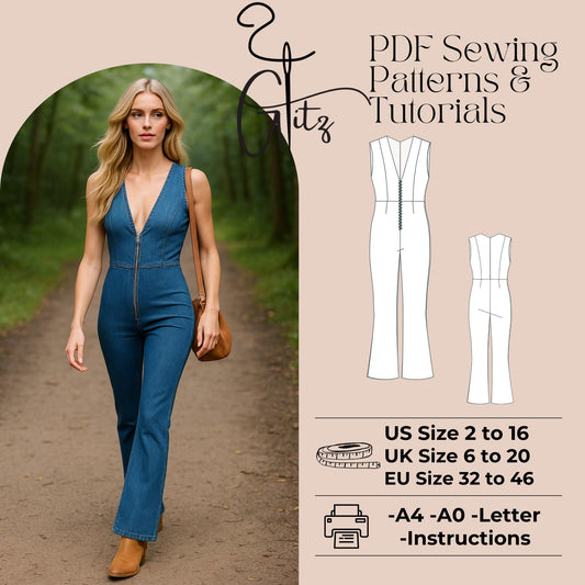 Flared Leg Jumpsuit Sewing Pattern Deep V-Neck Overalls Jeans Jumpsuits Pattern Women Jumpsuit