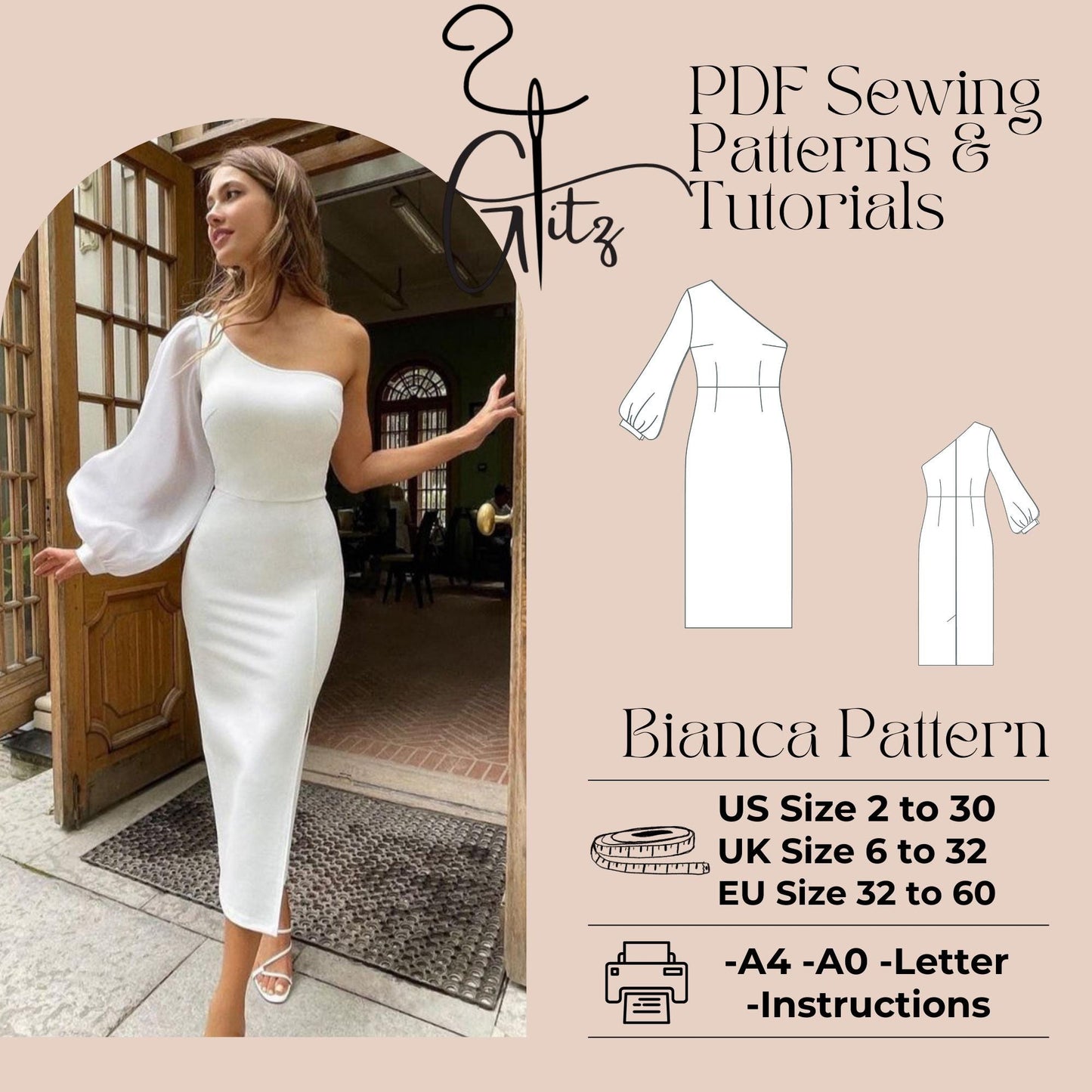 Bianca One Shoulder Midi Bridal Dress Sewing Pattern Midi Pencil Dress Pattern