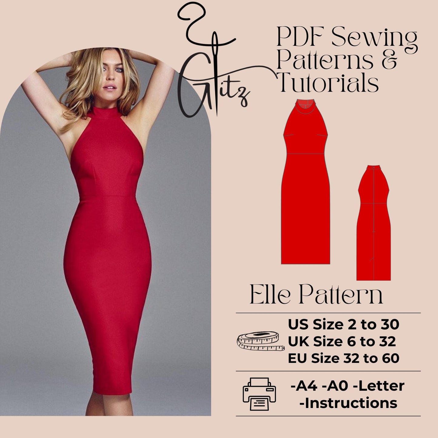 Elle Halter Neck Midi Pencil Dress Pattern Evening Cocktail Dress Pattern PDF Digital Sewing Pattern