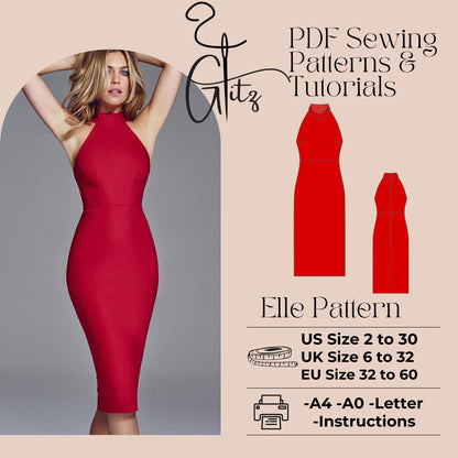 Elle Halter Neck Midi Pencil Dress Pattern Evening Cocktail Dress Pattern PDF Digital Sewing Pattern