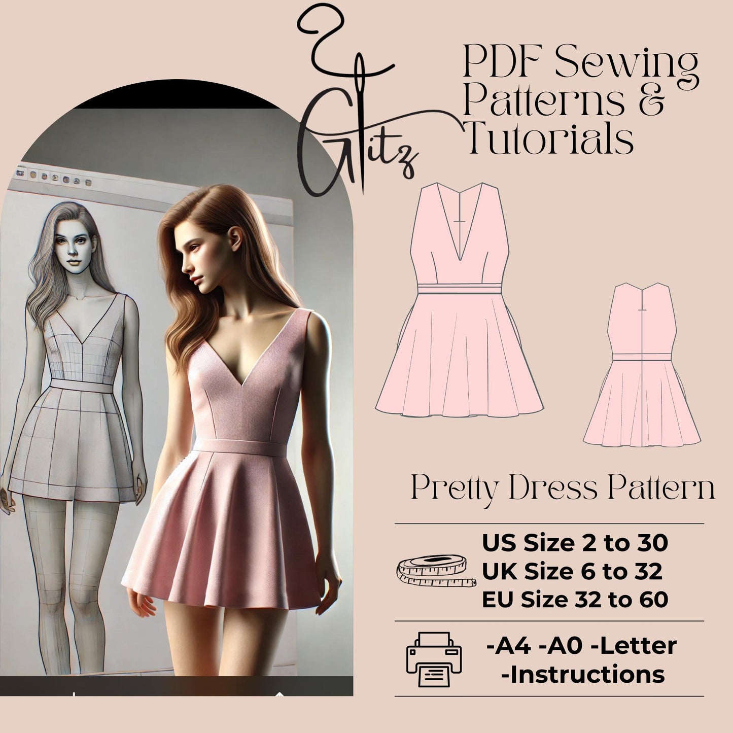 Sleeveless Halter Neck Mini Dress with Flare and Pleated Skirt Sewing Pattern Mini Ball Gown Digital Pattern PDF