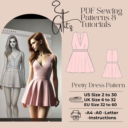Sleeveless Halter Neck Mini Dress with Flare and Pleated Skirt Sewing Pattern Mini Ball Gown Digital Pattern PDF