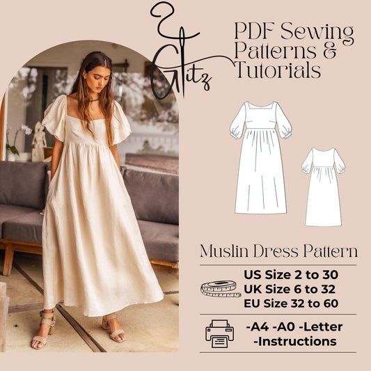 Midi Puff Sleeve Cottagecore Dress Sewing Pattern Victorian Boho Dress Sewing Pattern PDF Digital Pattern