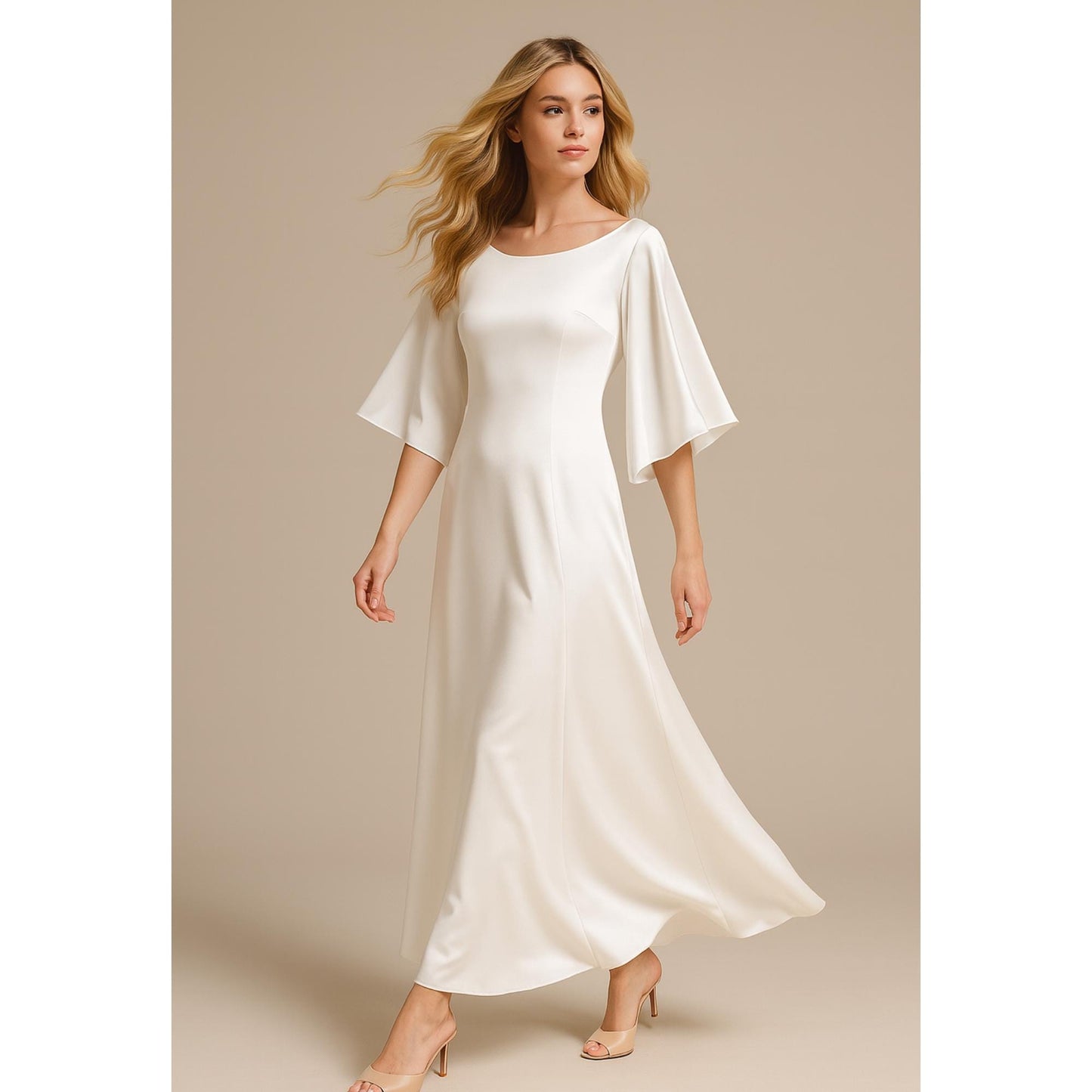Flared Sleeve Dress Boat Neck Long Satin Evening Dress Sewinf Pattern Simple Bridal Dress