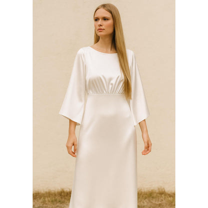 Midi Dress Sewing Pattern Flared Sleeve Boat Neck Satin Evening Dress Pattern Simple Bridal Dress